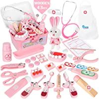 Vanplay Madera Doctora Juguetes Maleta Médica con Rosa Medico Kit Regalo para Niños 3 4 5 Años- 43PCS